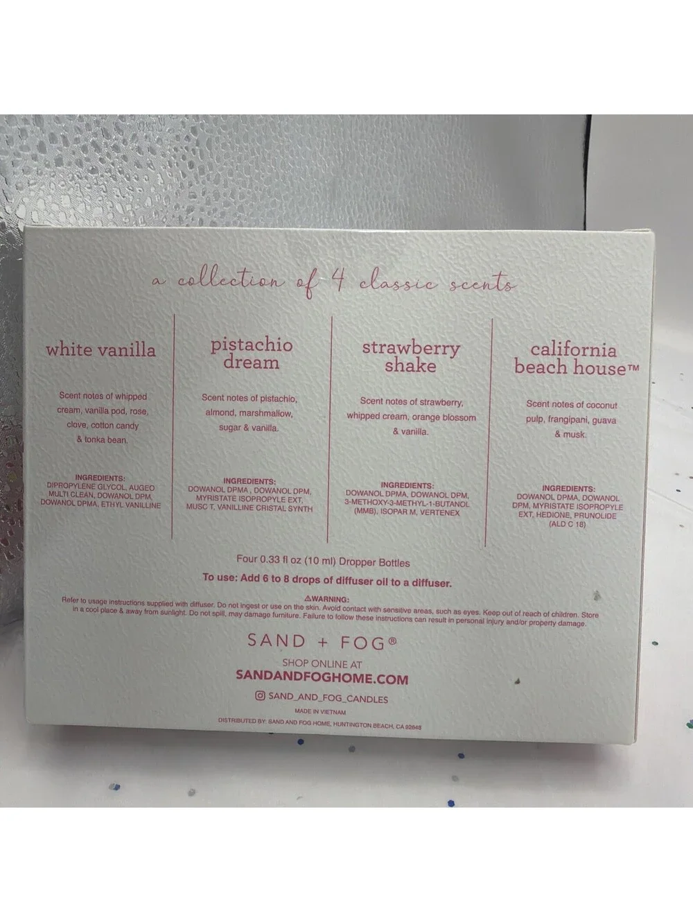 Sand + Fog Fragrance Diffuser Oil 4 Pack White Vanilla Pistachio Strawberry NEW